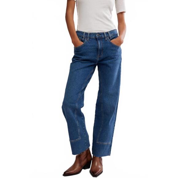 NEW FREE PEOPLE risk taker mid rise straight leg jeans in blue - Picture 4 of 5